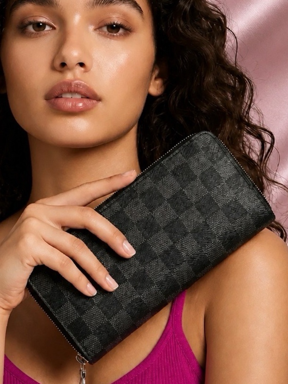 Large Vegan PU Checkered Black & Grey Zippered Wallet. Lots of room! Brand New!